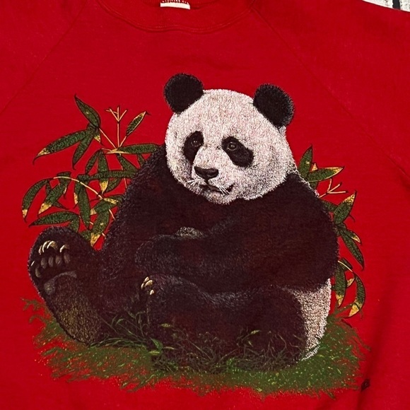 Vintage 80s Panda Bear Red Animal Print Crewneck Pullover 1980s Sweatshirt - Picture 2 of 5